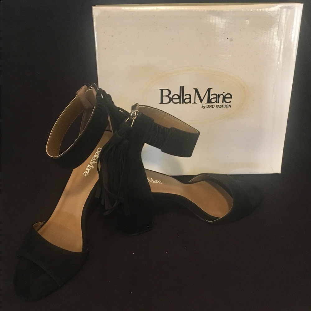 Bella Marie heels. Open toe, black suede